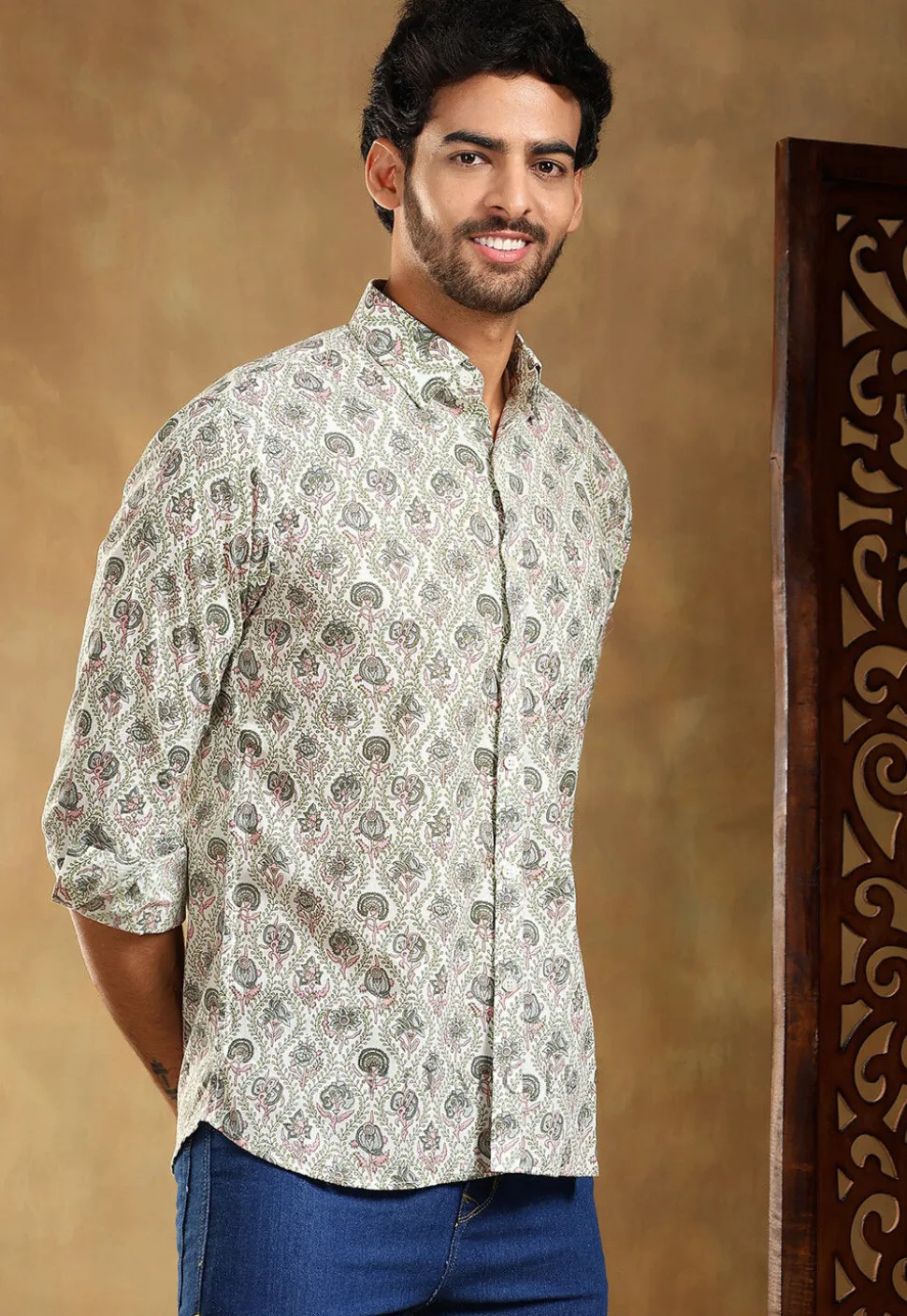 Block Printed Cotton Shirt in Off White