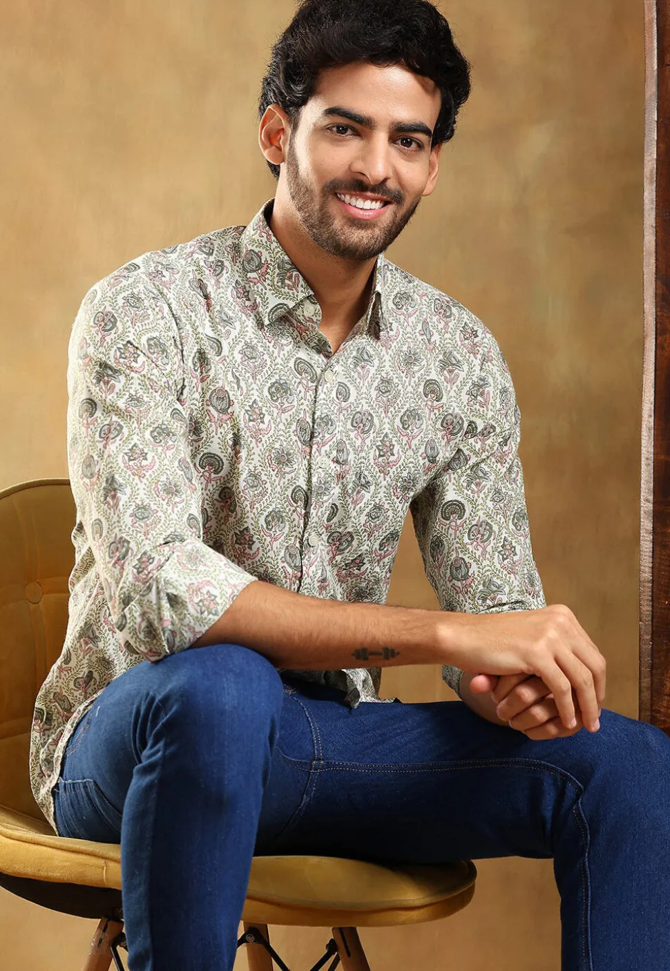 Block Printed Cotton Shirt in Off White