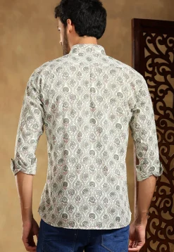 Block Printed Cotton Shirt in Off White