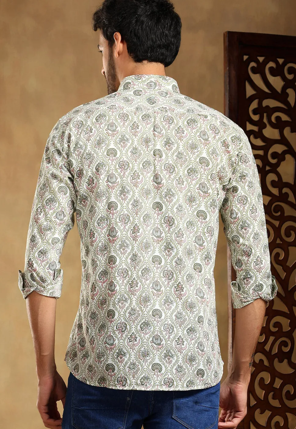 Block Printed Cotton Shirt in Off White