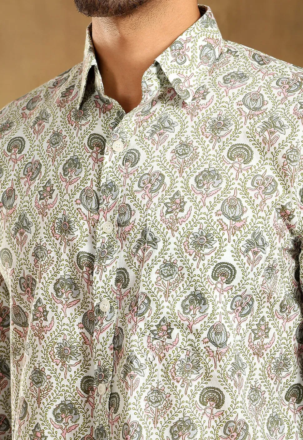 Block Printed Cotton Shirt in Off White