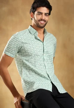 Block Printed Cotton Shirt in Pastel Green