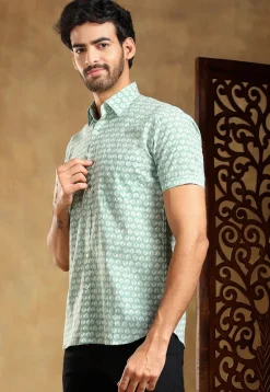 Block Printed Cotton Shirt in Pastel Green