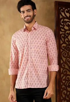 Block Printed Cotton Shirt in Light Peach