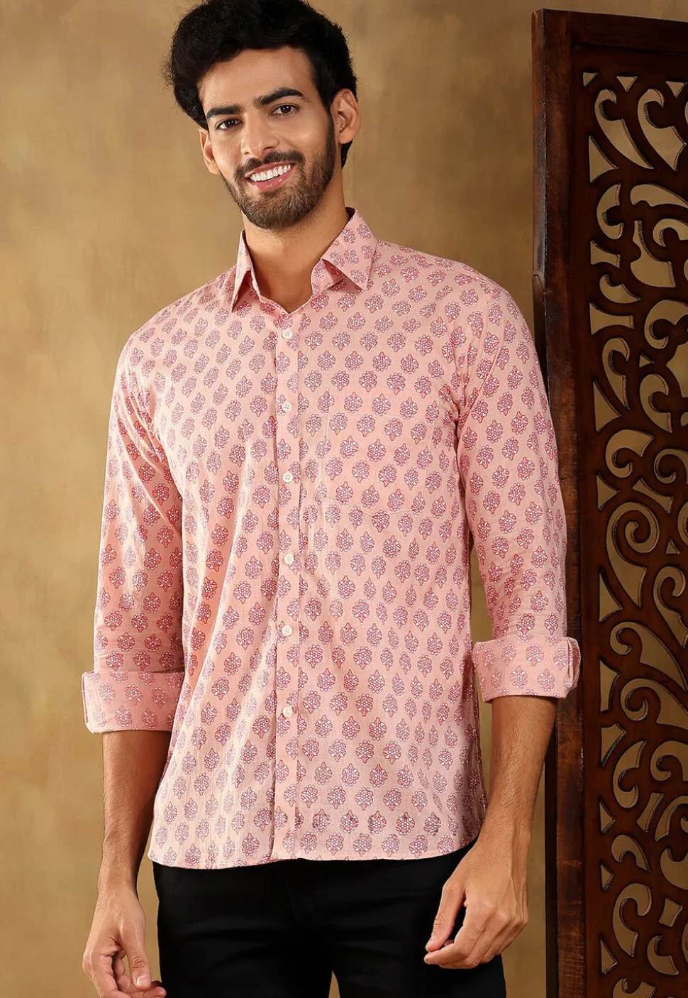 Block Printed Cotton Shirt in Light Peach