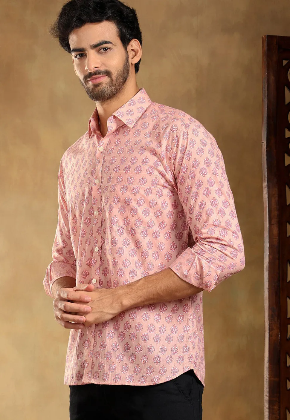 Block Printed Cotton Shirt in Light Peach