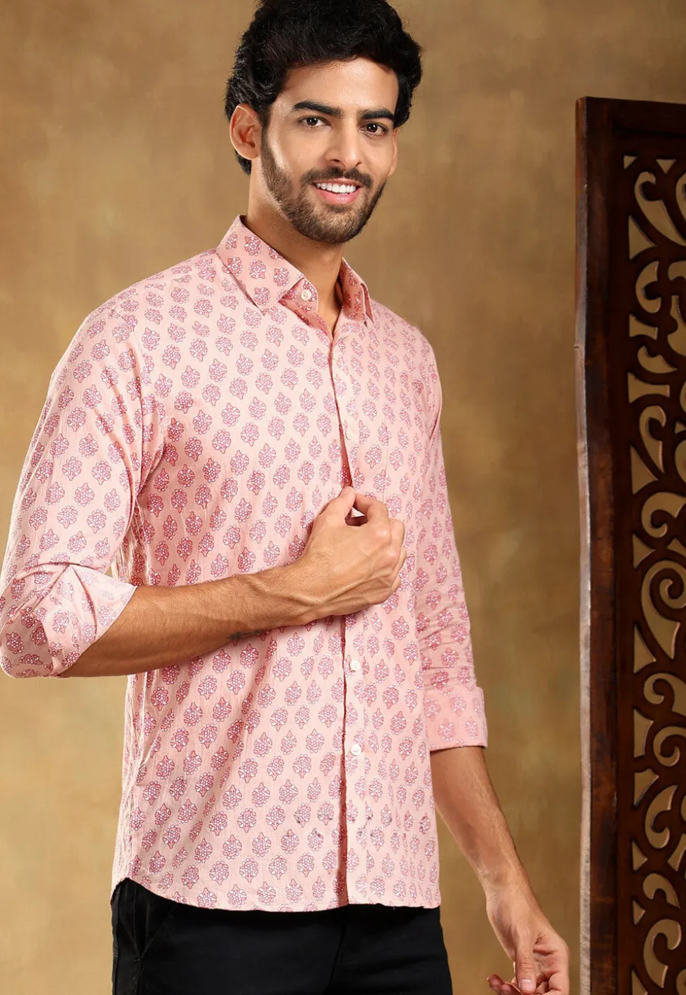 Block Printed Cotton Shirt in Light Peach