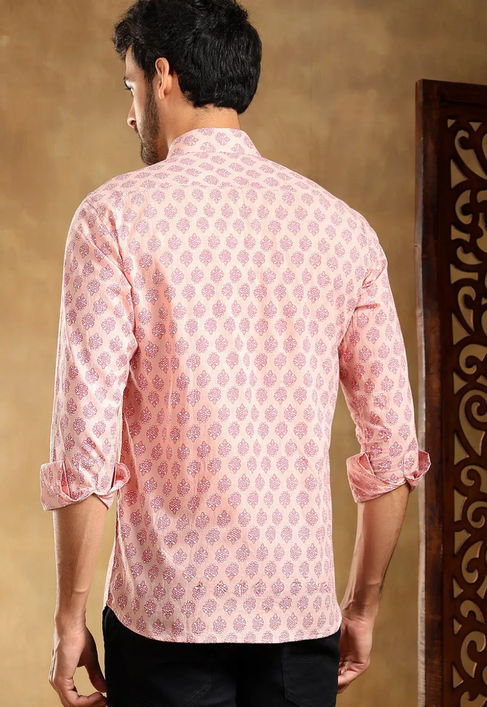 Block Printed Cotton Shirt in Light Peach