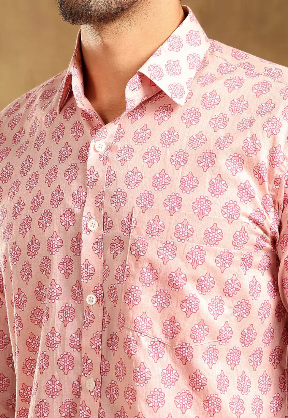 Block Printed Cotton Shirt in Light Peach