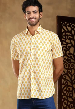 Block Printed Cotton Shirt in Off White