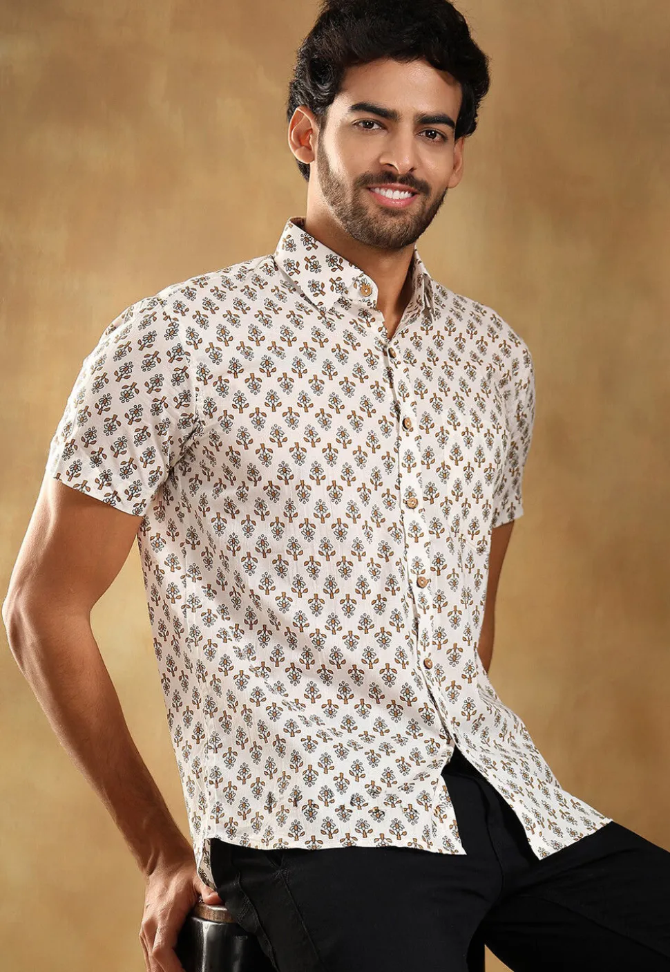 Block Printed Cotton Shirt in White
