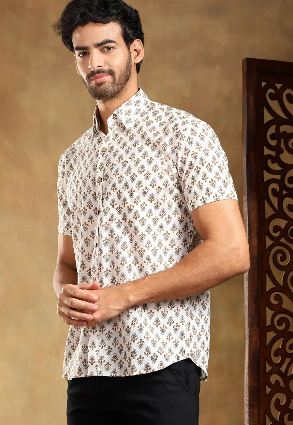 Block Printed Cotton Shirt in White