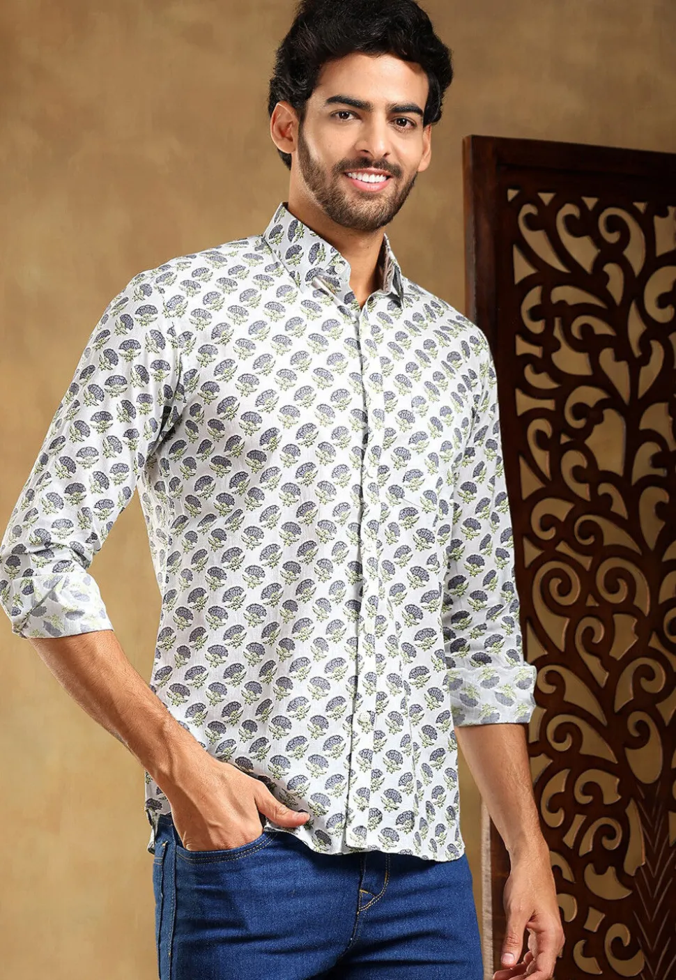 Block Printed Cotton Shirt in Light Grey