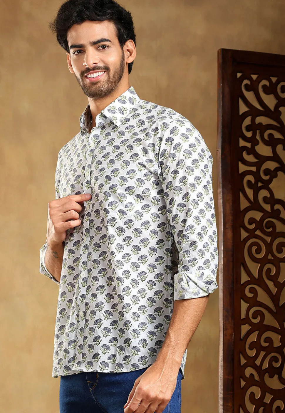 Block Printed Cotton Shirt in Light Grey