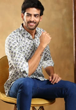 Block Printed Cotton Shirt in Light Grey