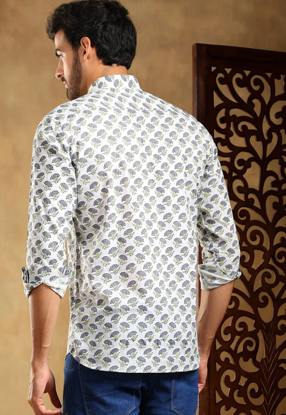 Block Printed Cotton Shirt in Light Grey