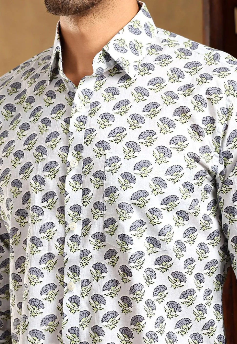 Block Printed Cotton Shirt in Light Grey