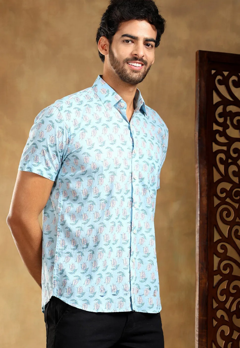 Block Printed Cotton Shirt in Pastel Blue
