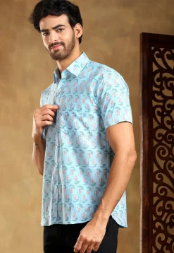 Block Printed Cotton Shirt in Pastel Blue