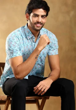 Block Printed Cotton Shirt in Pastel Blue