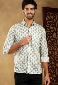Block Printed Cotton Shirt in Off White