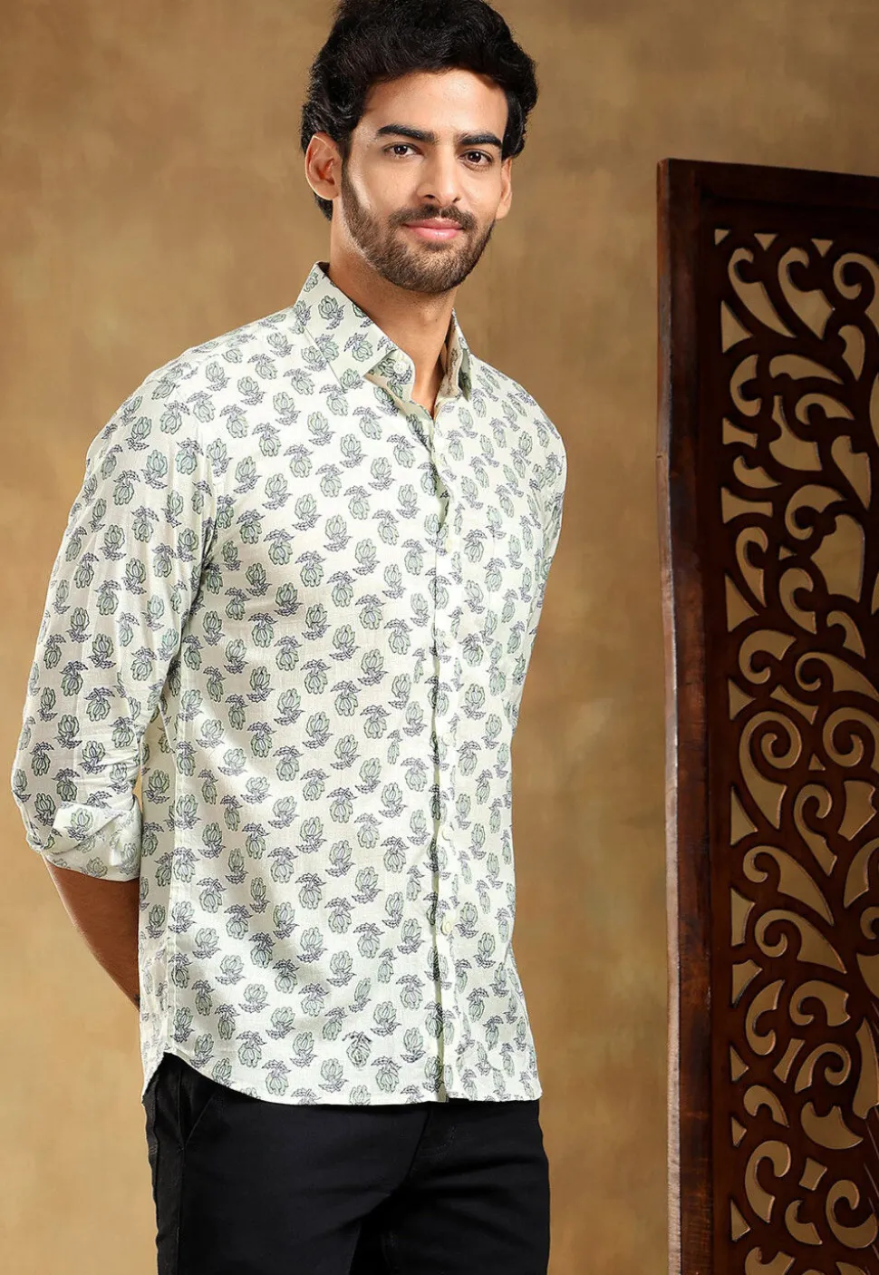Block Printed Cotton Shirt in Off White