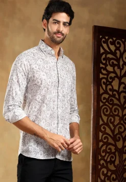 Block Printed Cotton Shirt in Light Grey