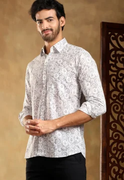 Block Printed Cotton Shirt in Light Grey