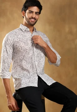 Block Printed Cotton Shirt in Light Grey