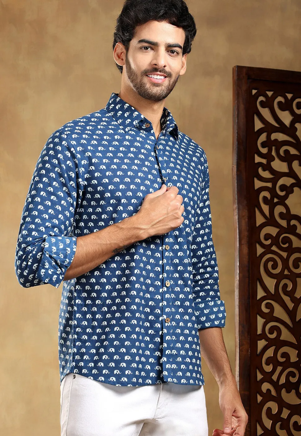 Block Printed Cotton Shirt in Navy Blue