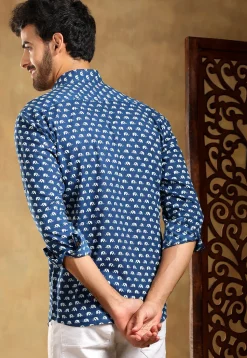 Block Printed Cotton Shirt in Navy Blue