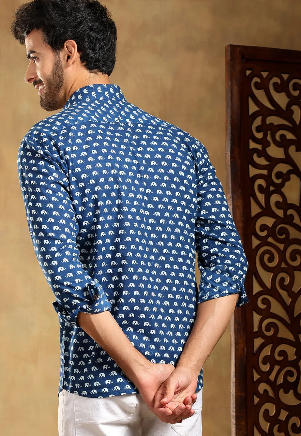 Block Printed Cotton Shirt in Navy Blue