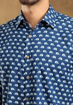 Block Printed Cotton Shirt in Navy Blue