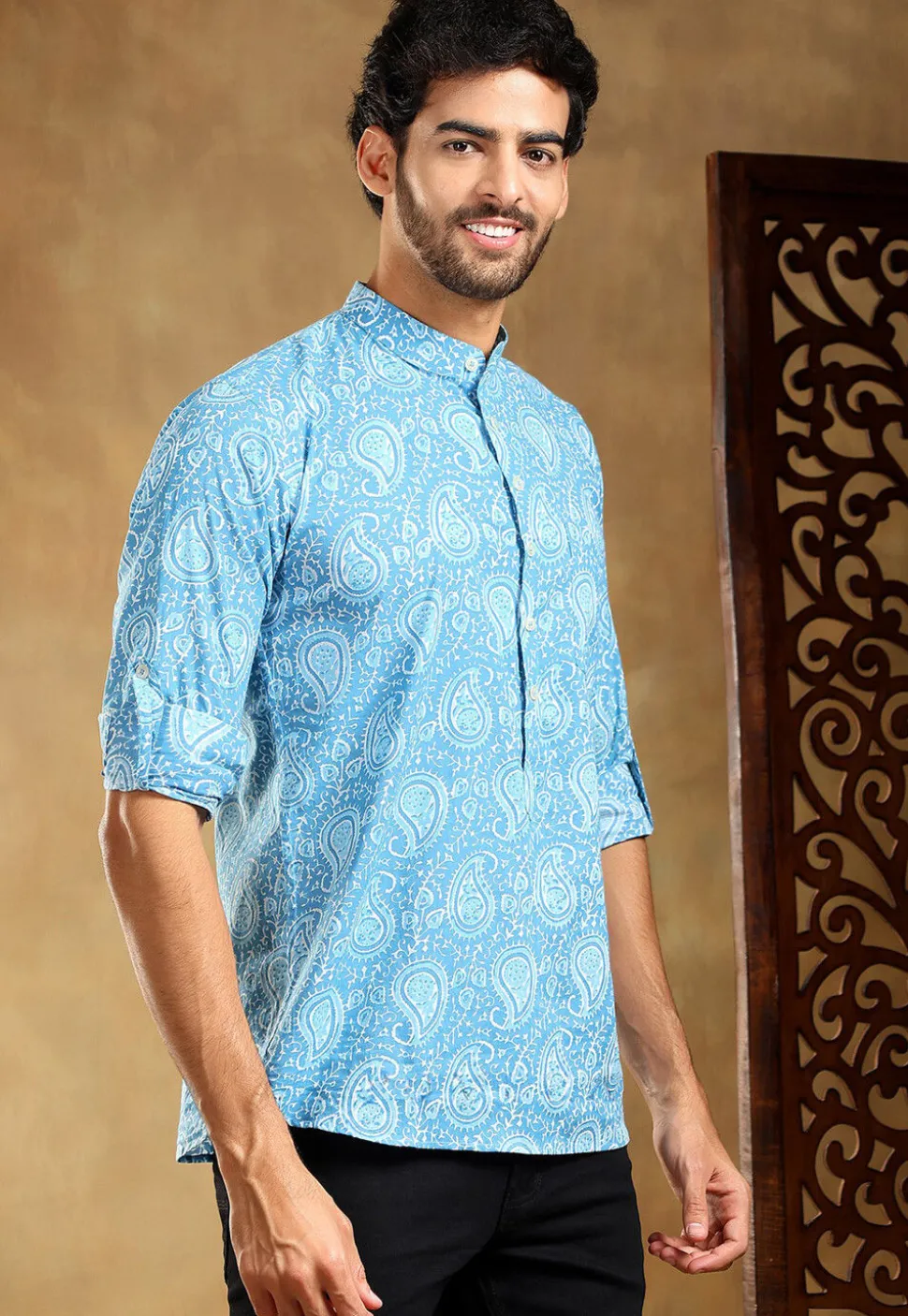 Block Printed Cotton Shirt in Blue