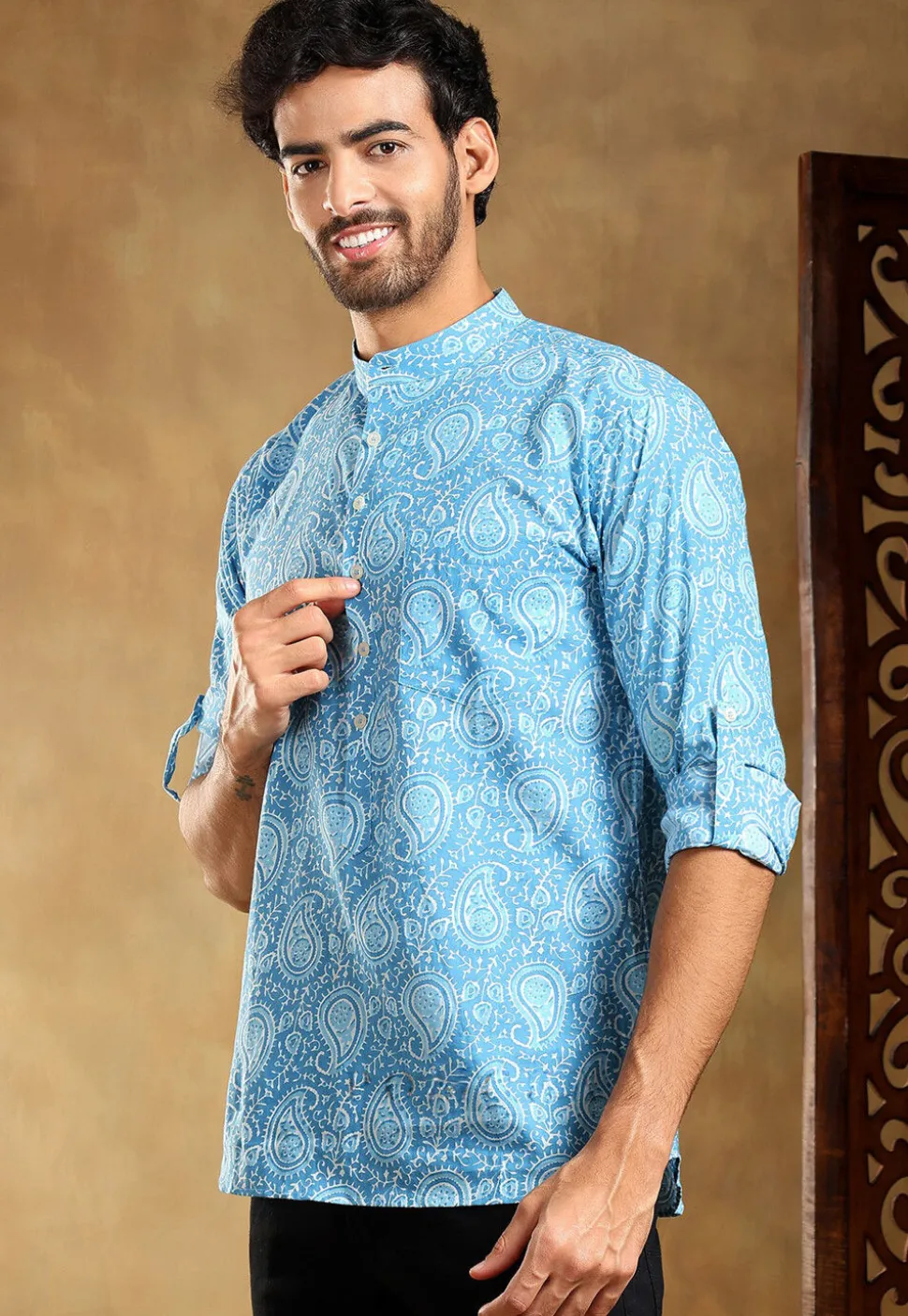 Block Printed Cotton Shirt in Blue
