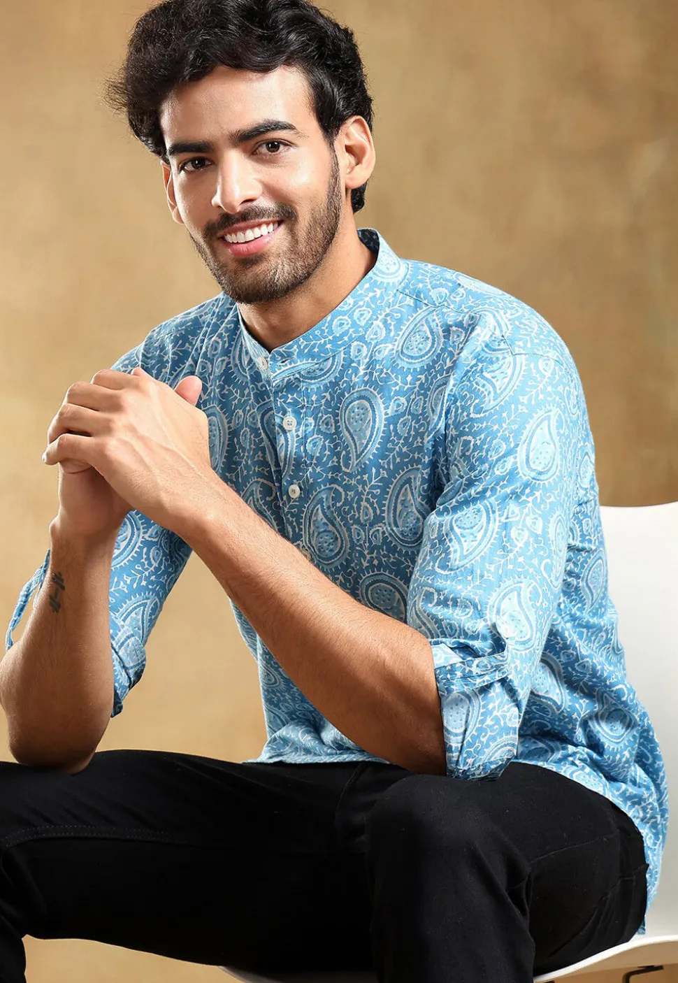 Block Printed Cotton Shirt in Blue