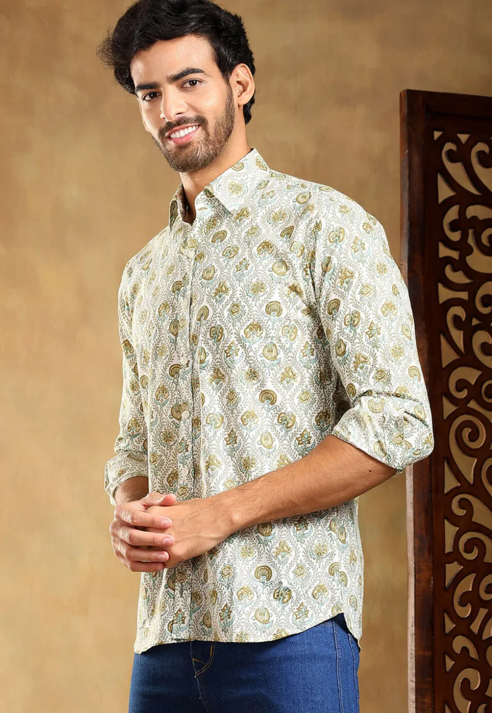 Block Printed Cotton Shirt in Off White