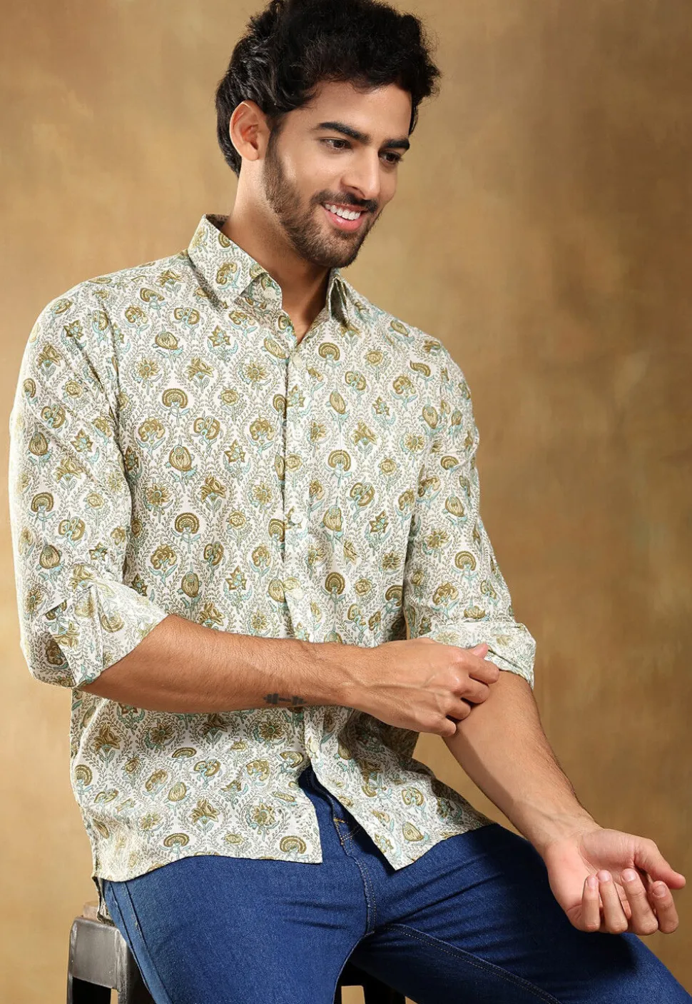 Block Printed Cotton Shirt in Off White