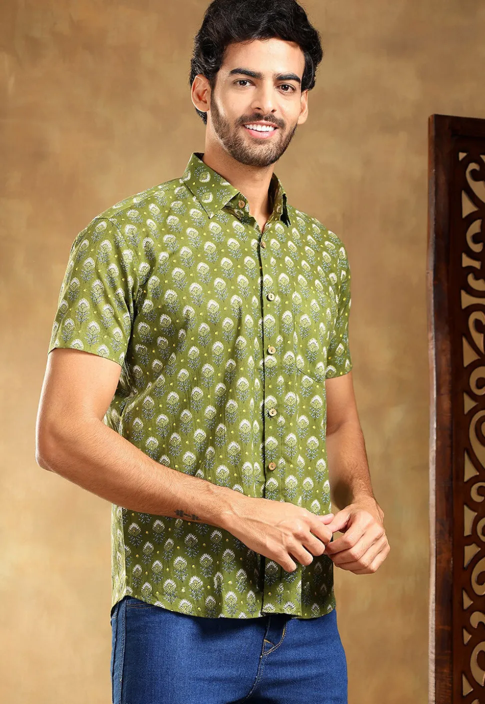 Block Printed Cotton Shirt in Olive Green