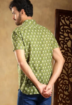 Block Printed Cotton Shirt in Olive Green