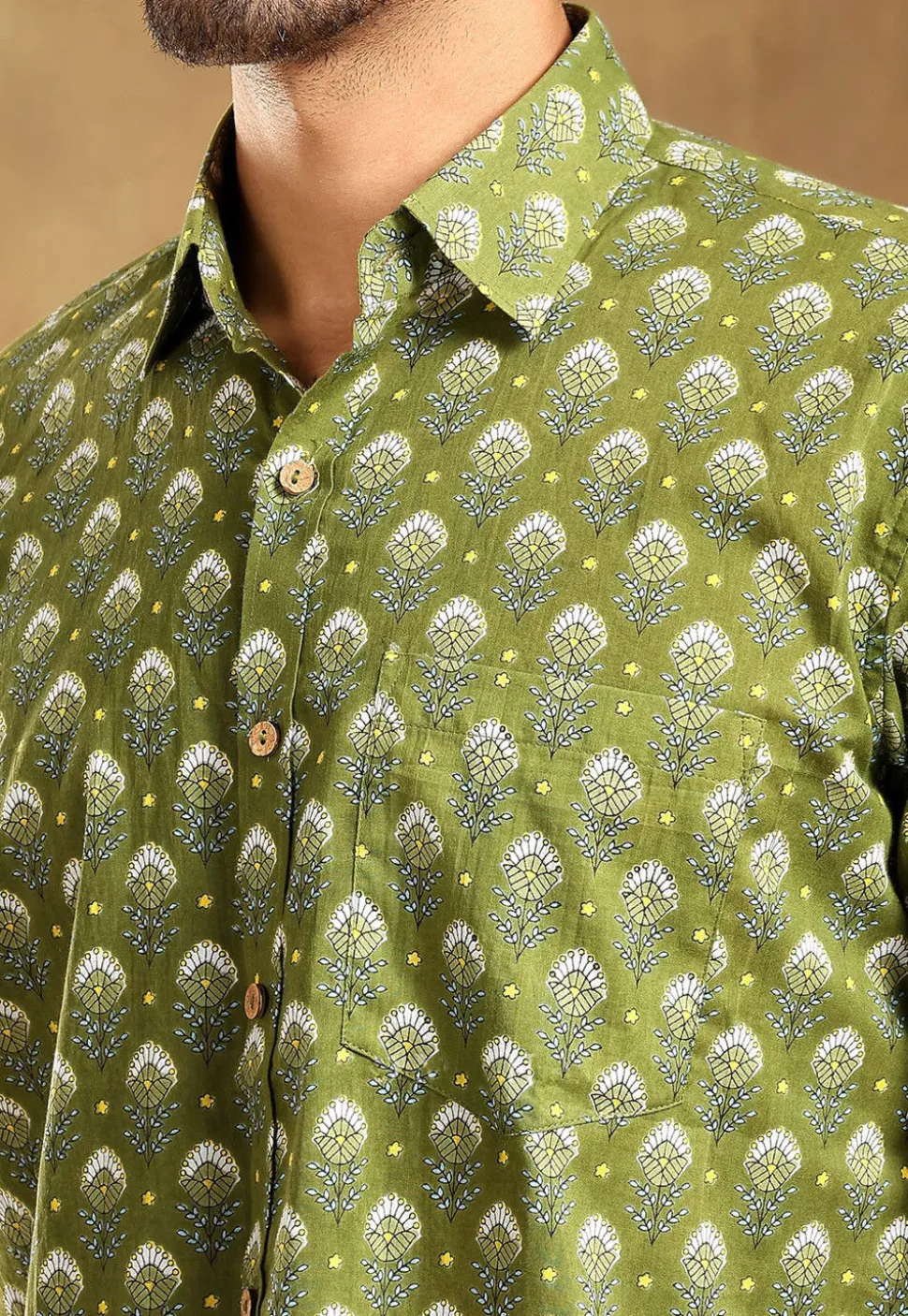 Block Printed Cotton Shirt in Olive Green