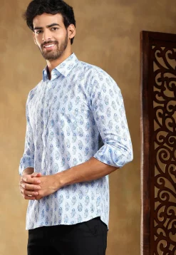 Block Printed Cotton Shirt in Pastel Blue
