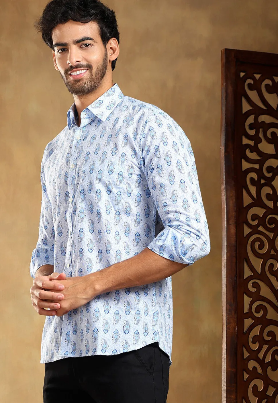 Block Printed Cotton Shirt in Pastel Blue