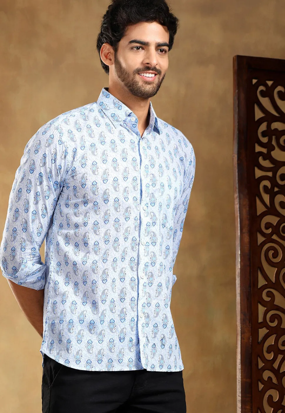 Block Printed Cotton Shirt in Pastel Blue