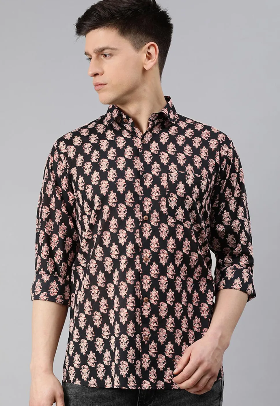 Block Printed Cotton Shirt in Black