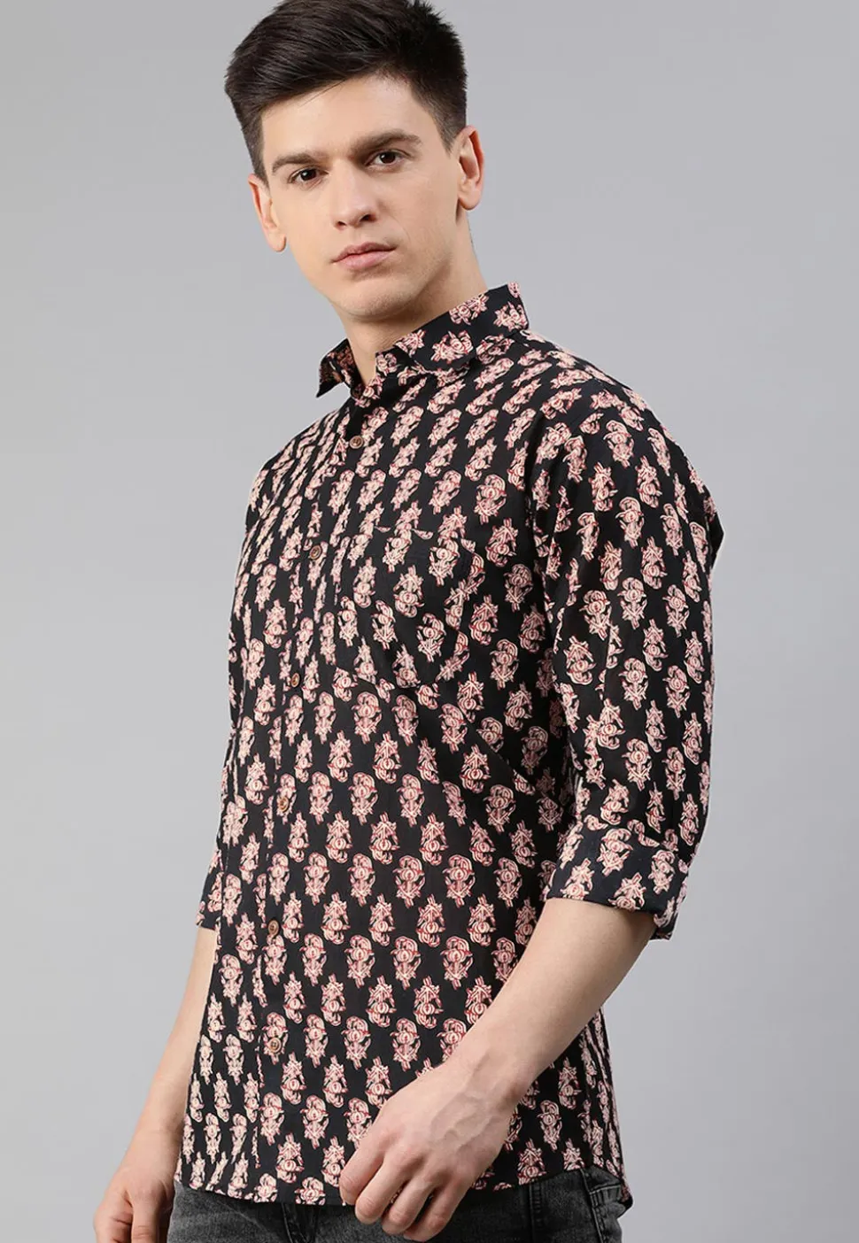 Block Printed Cotton Shirt in Black