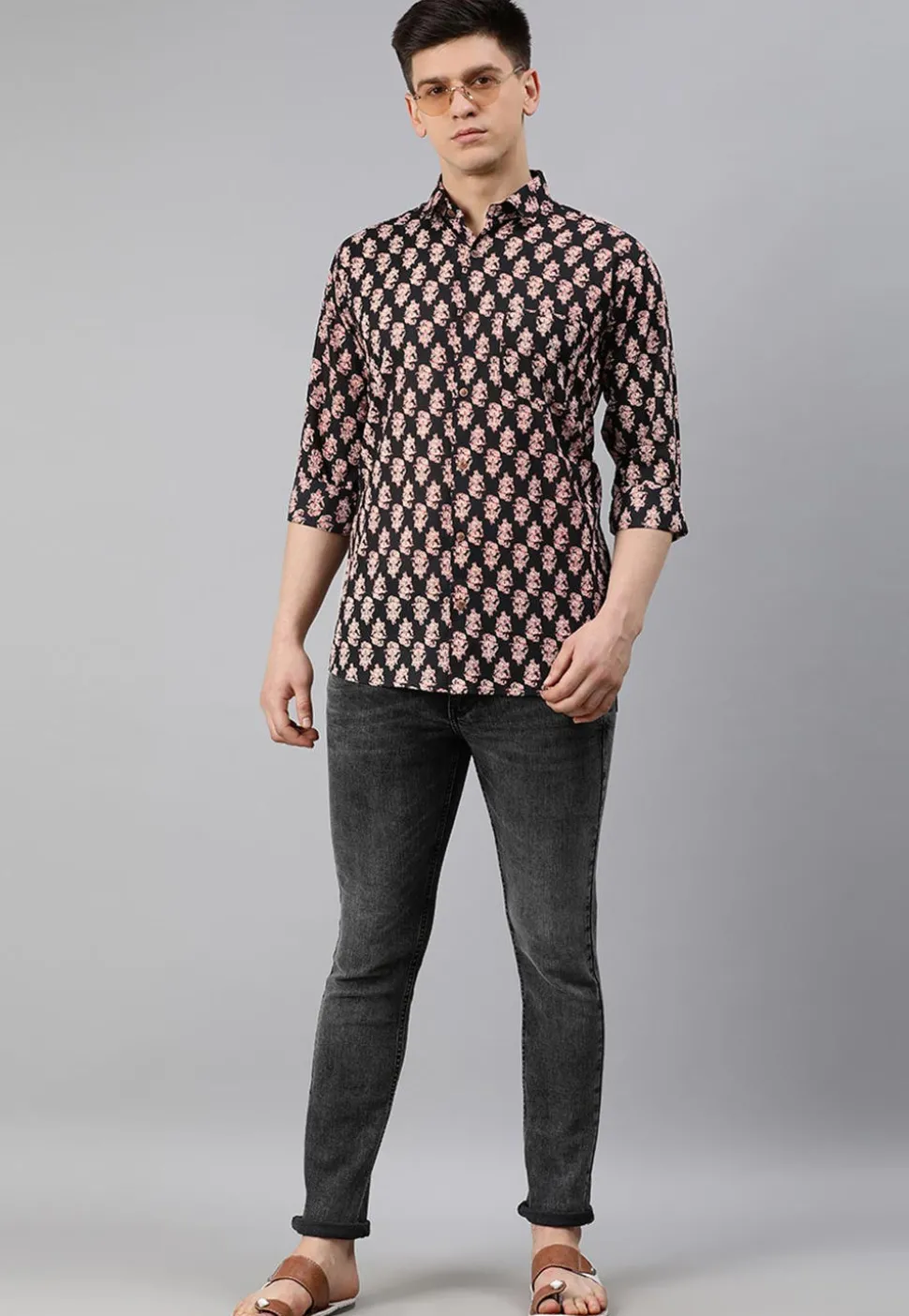 Block Printed Cotton Shirt in Black