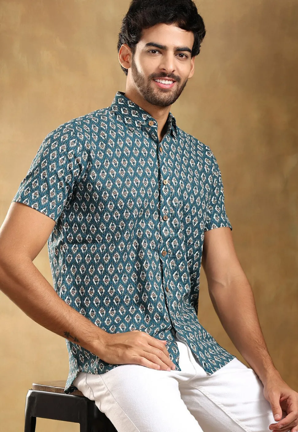 Block Printed Cotton Shirt in Teal Blue