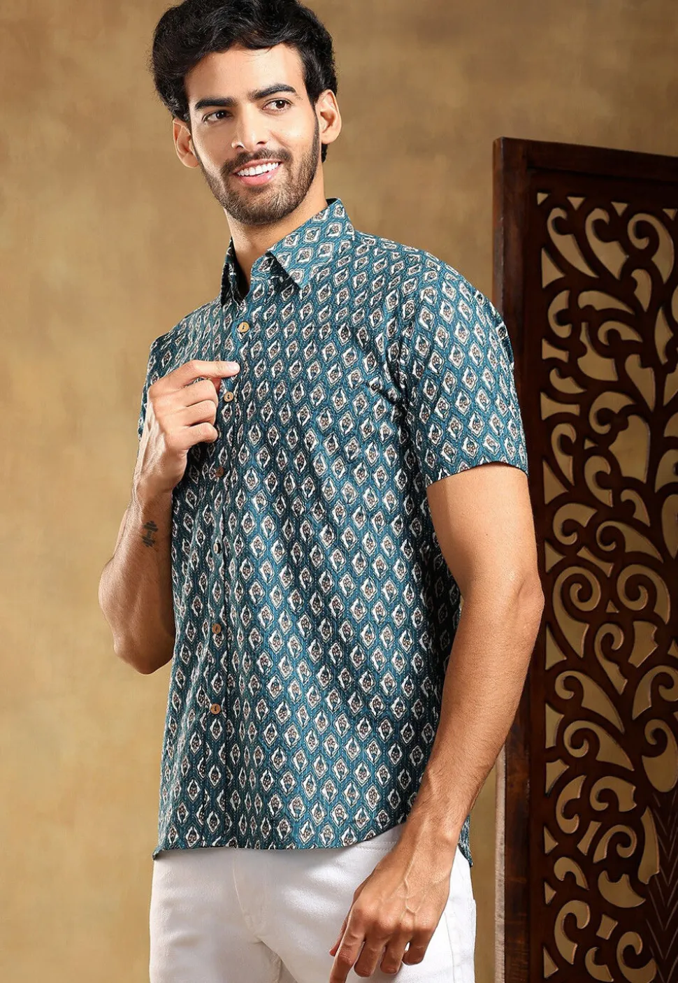 Block Printed Cotton Shirt in Teal Blue