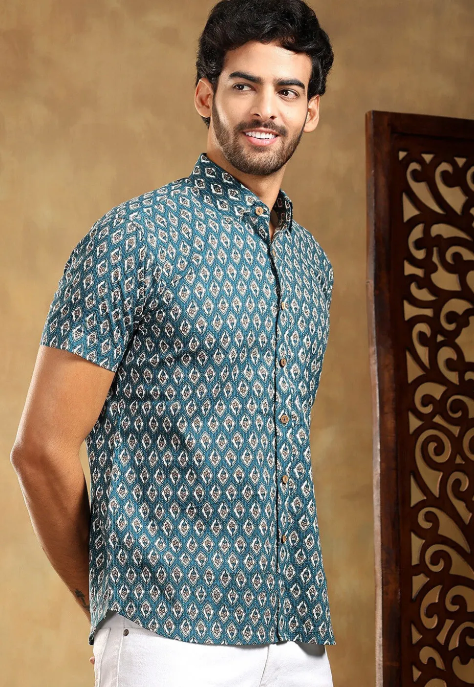 Block Printed Cotton Shirt in Teal Blue